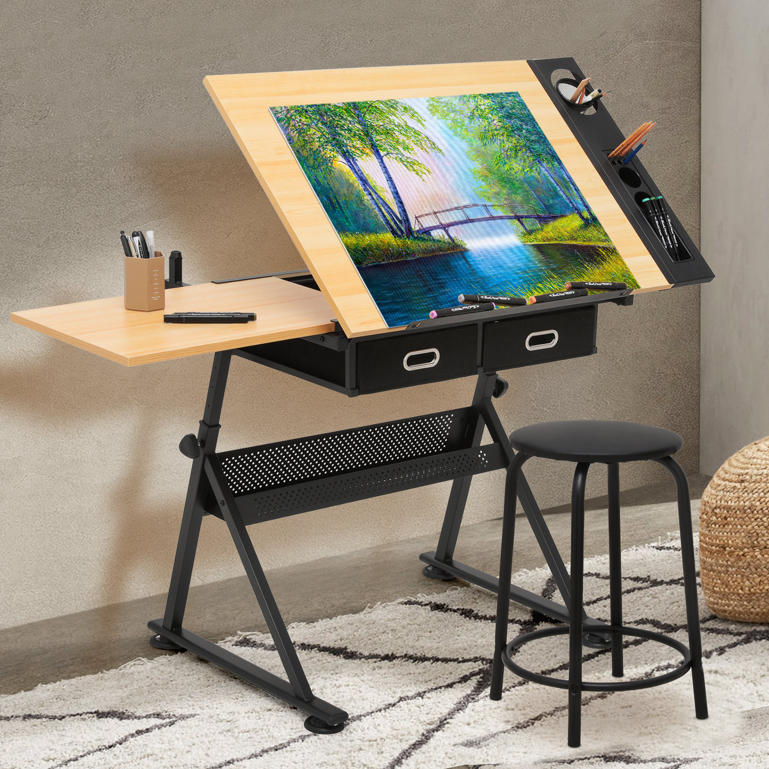 The Twillery Co. Elizabeth Draft Desk Drawing Table with Stool Set Height Adjustable Desk Tiltable Slide Out Tabletop Reviews Wayfair
